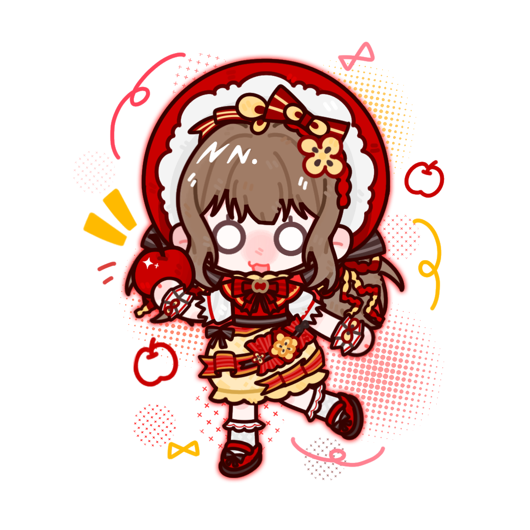 sweet memories (infinity nikki), infinity nikki, nikki (series), chinese commentary, commentary request, 1girl, ankle socks, apple, apple slice, black bow, bonnet, bow, bowtie, brown hair, bubble skirt, chibi, dress, food, food-themed clothes, food-themed hair ornament, footwear bow, frilled dress, frilled headwear, frilled socks, frilled wrist cuffs, frills, fruit, hair bow, hair ornament, halftone, happy, holding, holding food, holding fruit, lace-trimmed sleeves, lace trim, long hair, looking at viewer, low twintails, luoqianchen57923, mary janes, medium dress, multiple hair bows, o o, open mouth, outline, pinafore dress, pink outline, puffy short sleeves, puffy sleeves, red bonnet, red bow, red bowtie, red dress, red shoes, ribbon-trimmed sleeves, ribbon trim, shirt, shoes, short sleeves, sidelocks, skirt, sleeveless, sleeveless dress, smile, socks, solo, standing, striped bow, twintails, two-tone dress, wavy hair, white background, white bow, white shirt, white socks, white wrist cuffs, wrist bow, wrist cuffs, yellow dress