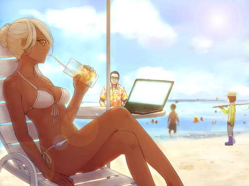 menou kururu, megurine luka, vocaloid, 1girl, beach, bikini, blonde hair, breasts, cleavage, cloud, computer, computer keyboard, crossed legs, dark-skinned female, dark skin, day, drink, ganguro, gyaru, hair bun, laptop, lens flare, ocean, outdoors, people, side-tie bikini bottom, single hair bun, sitting, sky, string bikini, sunglasses, swimsuit, tan, water