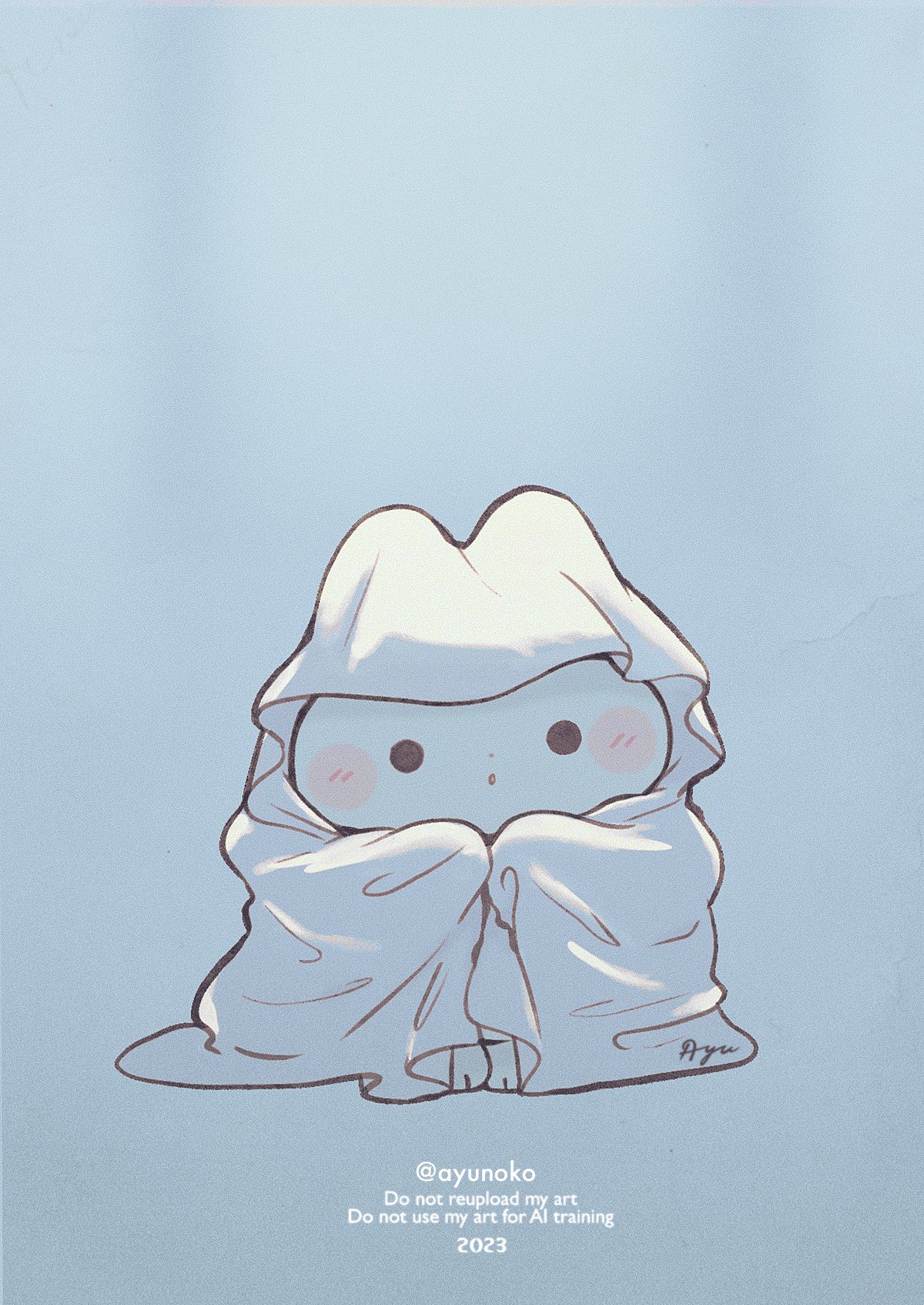 ayu (mog), original, commentary, english commentary, highres, animal, animal focus, blanket, blue background, blush stickers, no humans, rabbit, signature, simple background, solid circle eyes, solo, twitter username, watermark