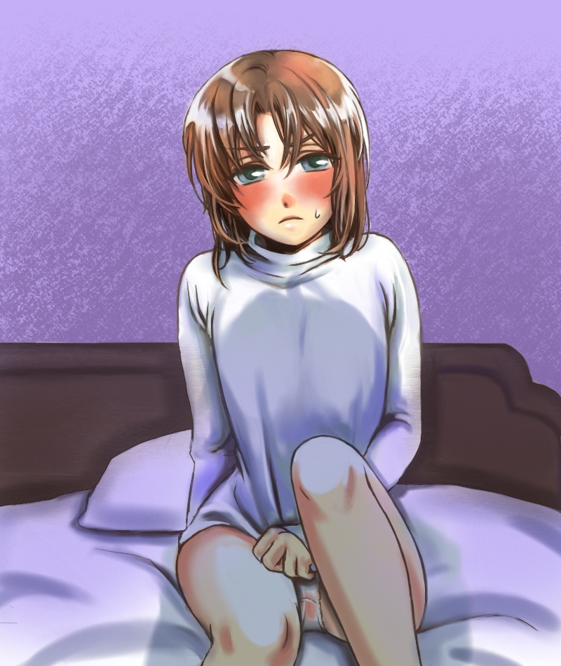 yakisobapan tarou & negitoro-ko, luc (suikoden), tir mcdohl, gensou suikoden, gensou suikoden i, gender request, 1girl, angry, bed, bed sheet, bedroom, blue eyes, blush, brown hair, female focus, frown, genderswap, green eyes, no pants, panties, pantyshot, pillow, shadow, solo, sweat, underwear, wet, wet clothes, wet panties, white panties
