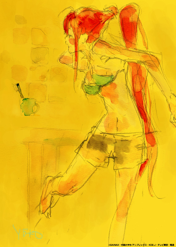 yoko littner, tengen toppa gurren lagann, artist request, painting (medium), source request, traditional media, watercolor (medium), 00s, bra, gainaxtop, lingerie, long hair, red hair, shorts, sketch, solo, underwear