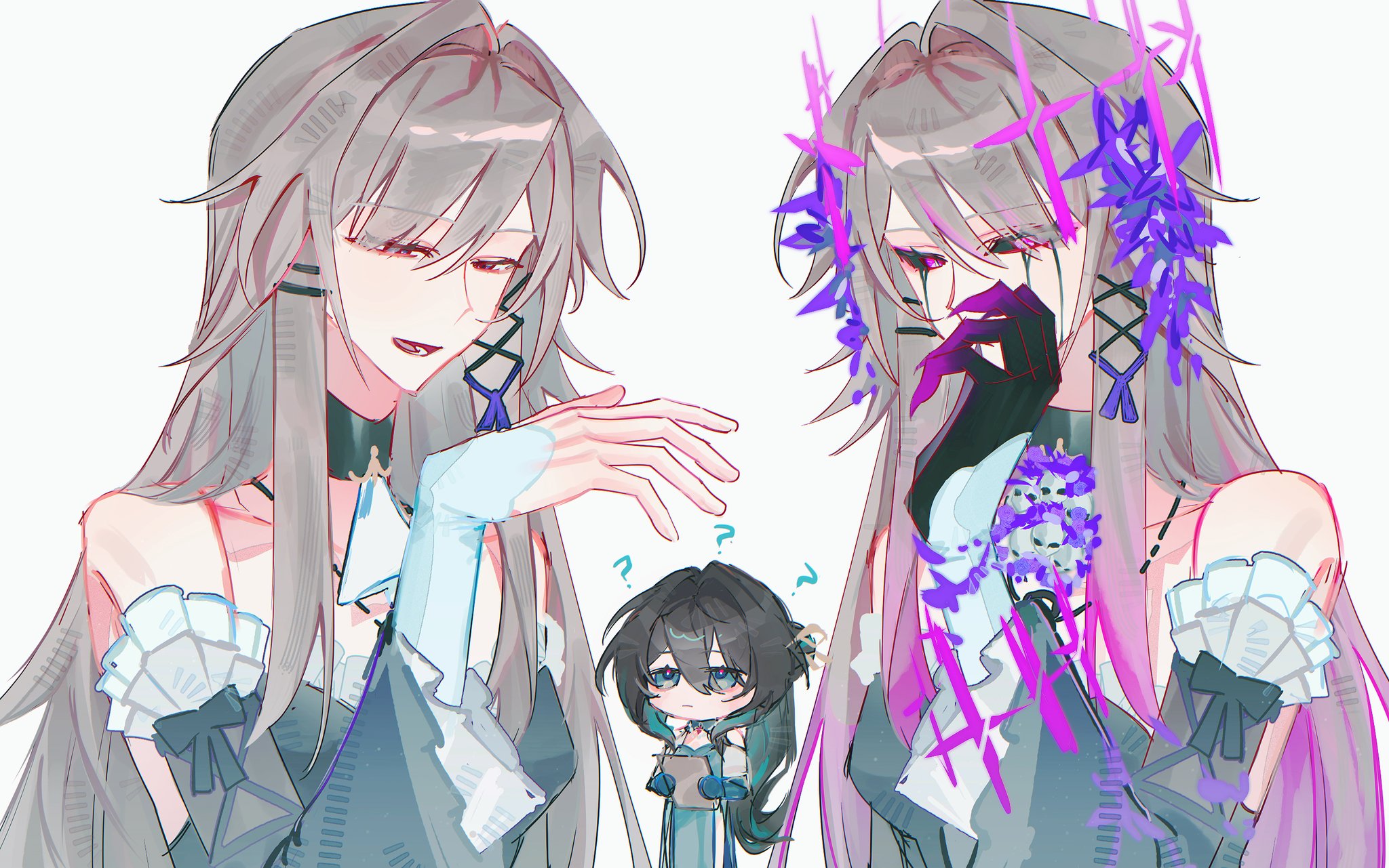 herta (honkai: star rail), ruan mei (honkai: star rail), the herta (honkai: star rail), honkai: star rail, honkai (series), hashtag-only commentary, highres, 2girls, ?, ascot, bare shoulders, black hair, brown hair, claws, crown, crying, detached sleeves, floating crown, flower, frills, hair flower, hair ornament, herta (rubert iii) (honkai: star rail), long hair, multicolored hair, multiple girls, purple eyes, salmon fish7, skull, streaked hair, streaming tears, tears, white background, x hair ornament, yuri