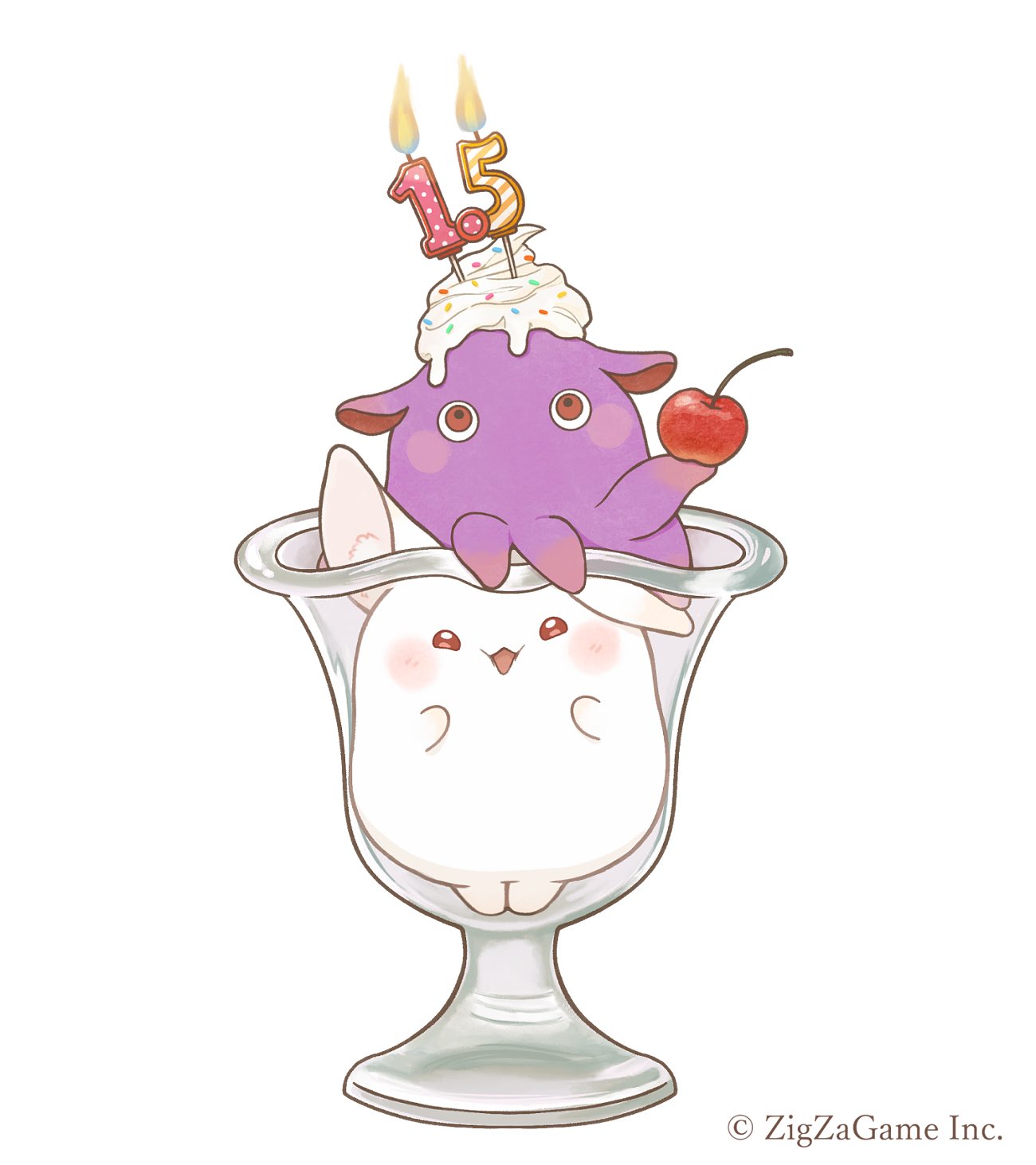 ayu (mog), character request, commentary request, highres, official art, anniversary, blush stickers, brown eyes, candle, cherry, copyright notice, cream, cup, drinking glass, food, fruit, in container, in cup, no humans, red eyes, simple background, tokyo debunker, white background