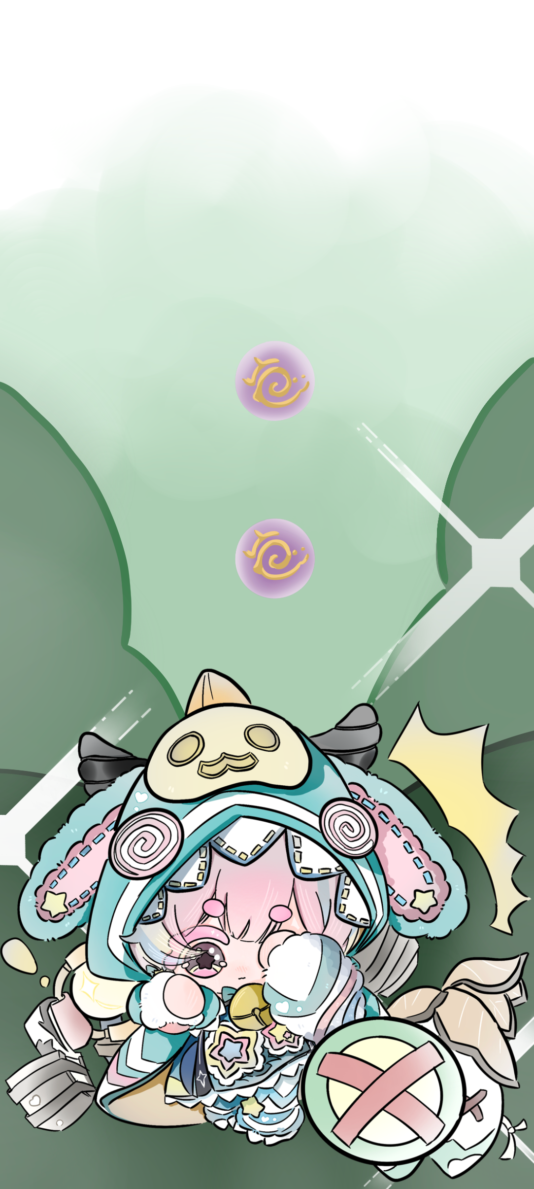 deepwood dream (infinity nikki), esseling (infinity nikki), nikki (nikki), infinity nikki, nikki (series), absurdres, commentary request, highres, 1girl, ^^^, animal costume, animal ear hood, black horns, black shoes, blue dress, blue jacket, brown eyes, bush, chibi, closed mouth, colored eyelashes, covering one eye, day, dew of inspiration (infinity nikki), dragon costume, dragon horns, dress, expressionless, fake animal ears, fake horns, frilled dress, frills, fur arm warmers, guayanshaoyuhuangshaotian85937, heartbud pouch (infinity nikki), holding, holding shield, hood, hood up, hooded jacket, horns, in-universe location, jacket, looking at creature, open clothes, open jacket, outdoors, paw shoes, pleated dress, print dress, shield, shoes, short dress, sparkle, star (symbol), star print, white arm warmers