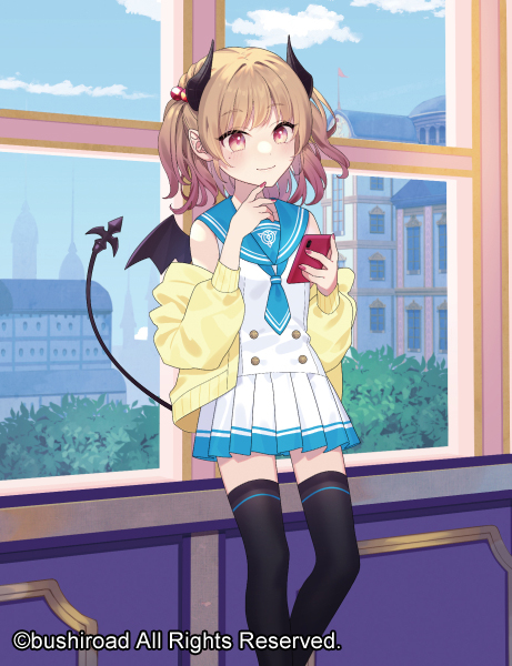 suguri (neroli), cardfight!! vanguard, commentary request, official art, 1girl, black thighhighs, brown eyes, brown hair, cellphone, copyright notice, demon girl, demon horns, demon tail, demon wings, dress, horns, indoors, phone, pleated skirt, red nails, sailor collar, sailor dress, short hair, skirt, sleeveless, smartphone, solo, tail, thighhighs, wings