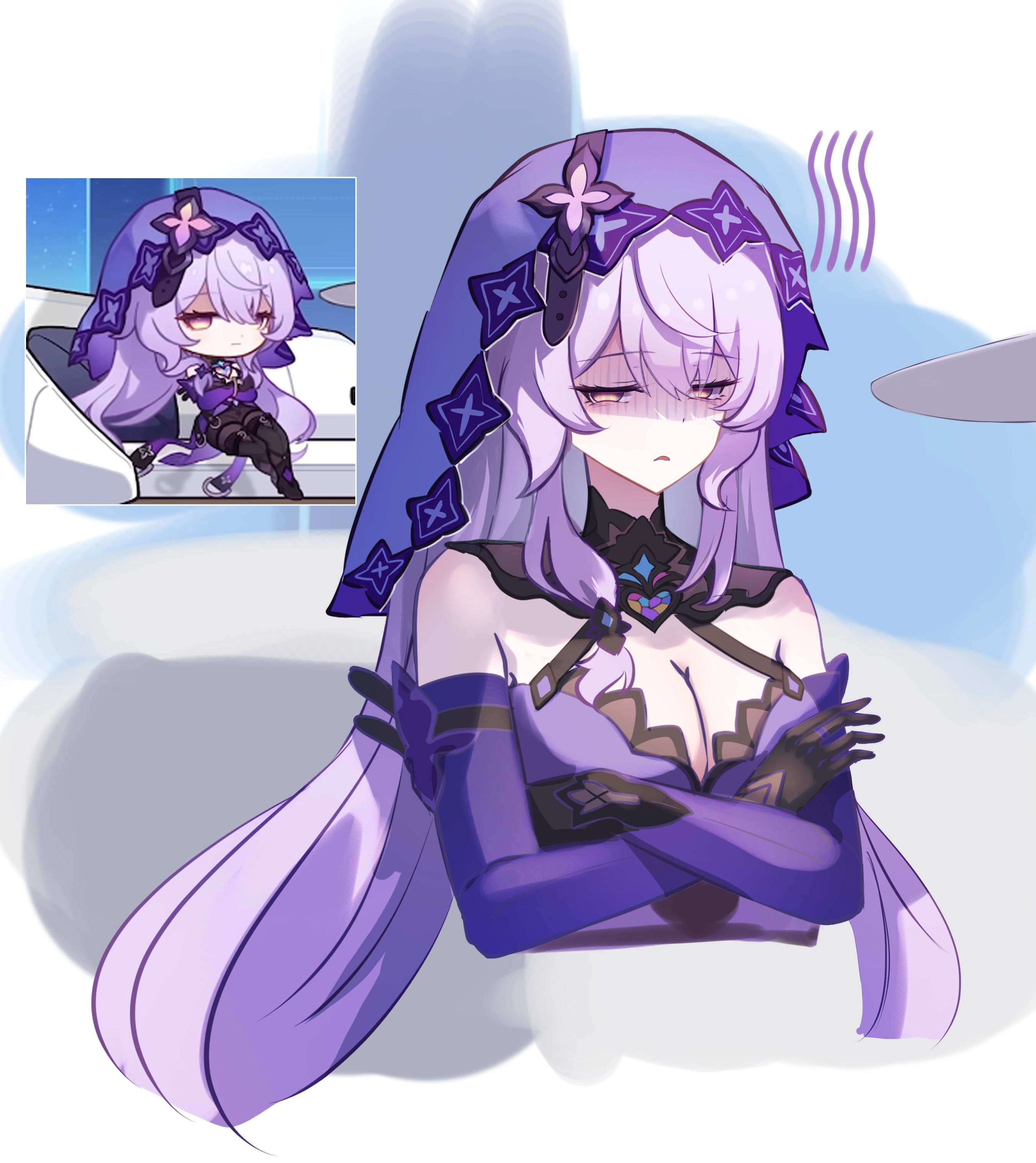 memeiradesuyo, black swan (honkai: star rail), honkai: star rail, honkai (series), absurdres, commentary request, highres, 1girl, annoyed, bare shoulders, breasts, cleavage, crossed arms, dress, gloves, inset, long hair, medium breasts, open mouth, purple dress, purple gloves, purple hair, purple sleeves, purple veil, sitting, solo, veil, yellow eyes