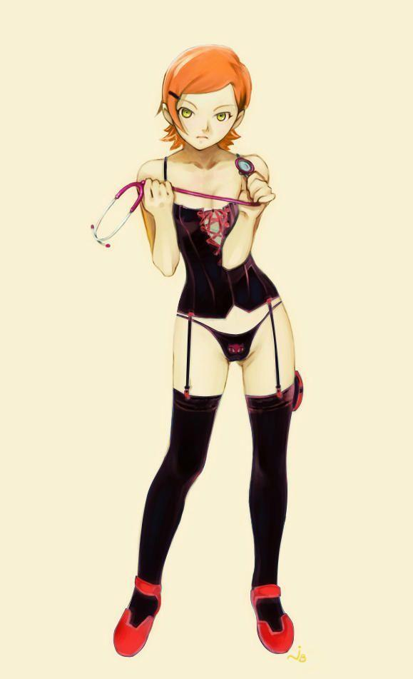 kobayashi yuji, gwen tennyson, ben 10, eyebrows, third-party edit, 1girl, bare shoulders, black panties, black thighhighs, breasts, cleavage, closed mouth, collarbone, corset, female focus, full body, garter straps, gluteal fold, green eyes, hair ornament, hairclip, hands up, high heels, holding, legs apart, loli, looking at viewer, orange hair, panties, pinup (style), red shoes, shoes, short hair, simple background, small breasts, smile, solo, standing, stethoscope, swept bangs, thighhighs, thighs, underwear