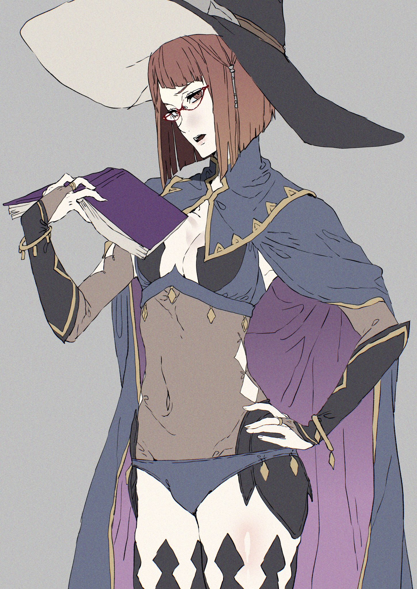 tsujii luki, miriel (fire emblem), nyx (fire emblem), fire emblem, fire emblem awakening, fire emblem fates, nintendo, commentary request, highres, 1girl, black bridal gauntlets, blue cape, blue panties, bodystocking, book, breasts, bridal gauntlets, cape, cleavage, cosplay, covered navel, dark mage (fire emblem fates), diagonal bangs, hair tubes, hand on own hip, hand up, hat, hip armor, holding, holding book, looking at viewer, mouth veil, nyx (fire emblem) (cosplay), panties, red-framed eyewear, red hair, revealing clothes, small breasts, solo, thighs, two-tone legwear, underwear, veil, witch hat