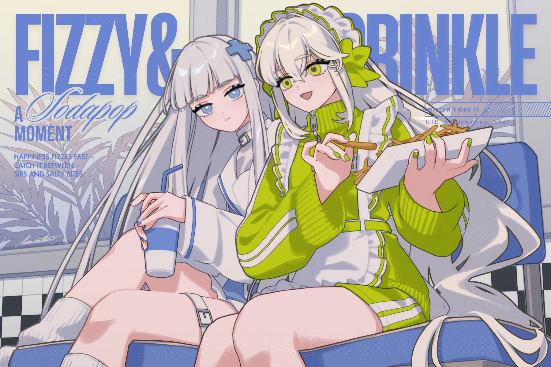 lemontea, mistee (lemontea), sana (lemontea), original, highres, 2girls, apron, blue eyes, cup, disposable cup, english text, fast food, food, french fries, green eyes, holding, holding cup, holding food, holding plate, long hair, multiple girls, plate, sitting, socks, white apron, white hair, white socks