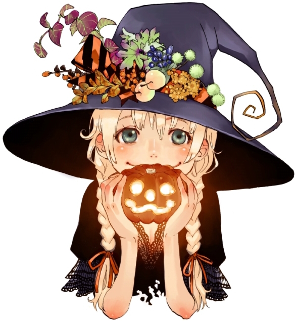 kazue kato, original, 1girl, blonde hair, blue eyes, blush, braid, female focus, hair ribbon, halloween, hat, jack-o'-lantern, pumpkin, ribbon, smile, solo, twin braids, witch, witch hat