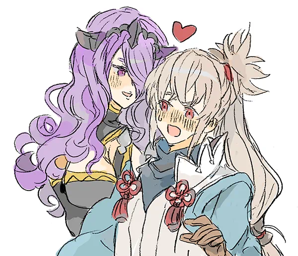 camilla (fire emblem), takumi (fire emblem), fire emblem, fire emblem fates, nintendo, 1boy, 1girl, assertive female, between breasts, blush, breasts, chignon, cleavage, grey hair, hair over one eye, heart, kannawataame, long hair, looking at another, nervous, nervous sweating, older female and younger male, one eye covered, orange eyes, purple eyes, purple hair, simple background, strap between breasts, sweat, tiara, wavy hair