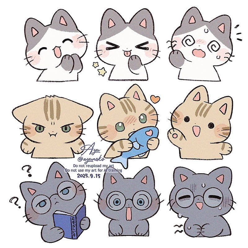 ayu (mog), original, commentary, english commentary, > <, :3, :d, :p, ?, @ @, ^ ^, animal, animal focus, blue eyes, blush stickers, book, cat, closed eyes, closed mouth, dated, fish, glasses, green eyes, hand up, heart, holding, holding animal, holding book, holding fish, multiple views, no humans, notice lines, open book, open mouth, round eyewear, signature, smile, solid circle eyes, spiral-only eyes, star (symbol), sweat, tongue, tongue out, twitter username, watermark, whiskers