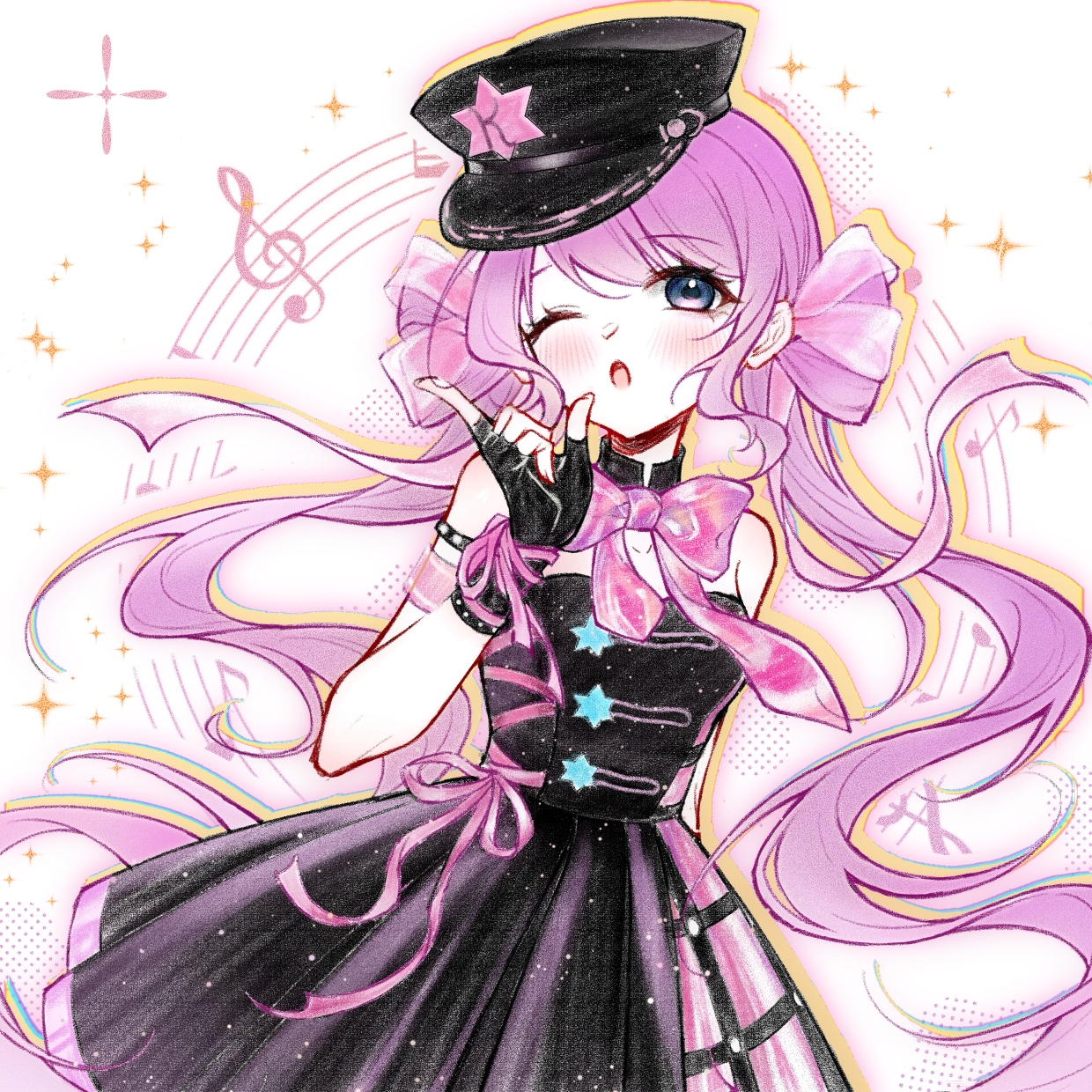 cyfrost, voice of desire (shining nikki), nikki (series), shining nikki, chinese commentary, commentary request, highres, 1girl, ;o, armband, bare shoulders, black collar, black dress, black gloves, black hat, blue eyes, bow, bowtie, collar, cowboy shot, detached collar, dot nose, double bun, dress, eyelashes, fingerless gloves, fingernails, gloves, hair bun, hair ribbon, halftone, hat, hat ornament, hexagram, layered dress, light blush, light particles, long hair, looking at viewer, low twintails, musical note, one eye closed, open mouth, outline, peaked cap, pink armband, pink bow, pink bowtie, pink dress, pink ribbon, pleated dress, purple hair, ribbon, ribbon-trimmed headwear, ribbon trim, see-through ribbon, short dress, solo, sparkle, standing, star (symbol), star button, star hat ornament, strapless, strapless dress, studded armlet, studded gloves, swept bangs, treble clef, twintails, very long hair, wavy hair, white background, wrist ribbon, yellow outline