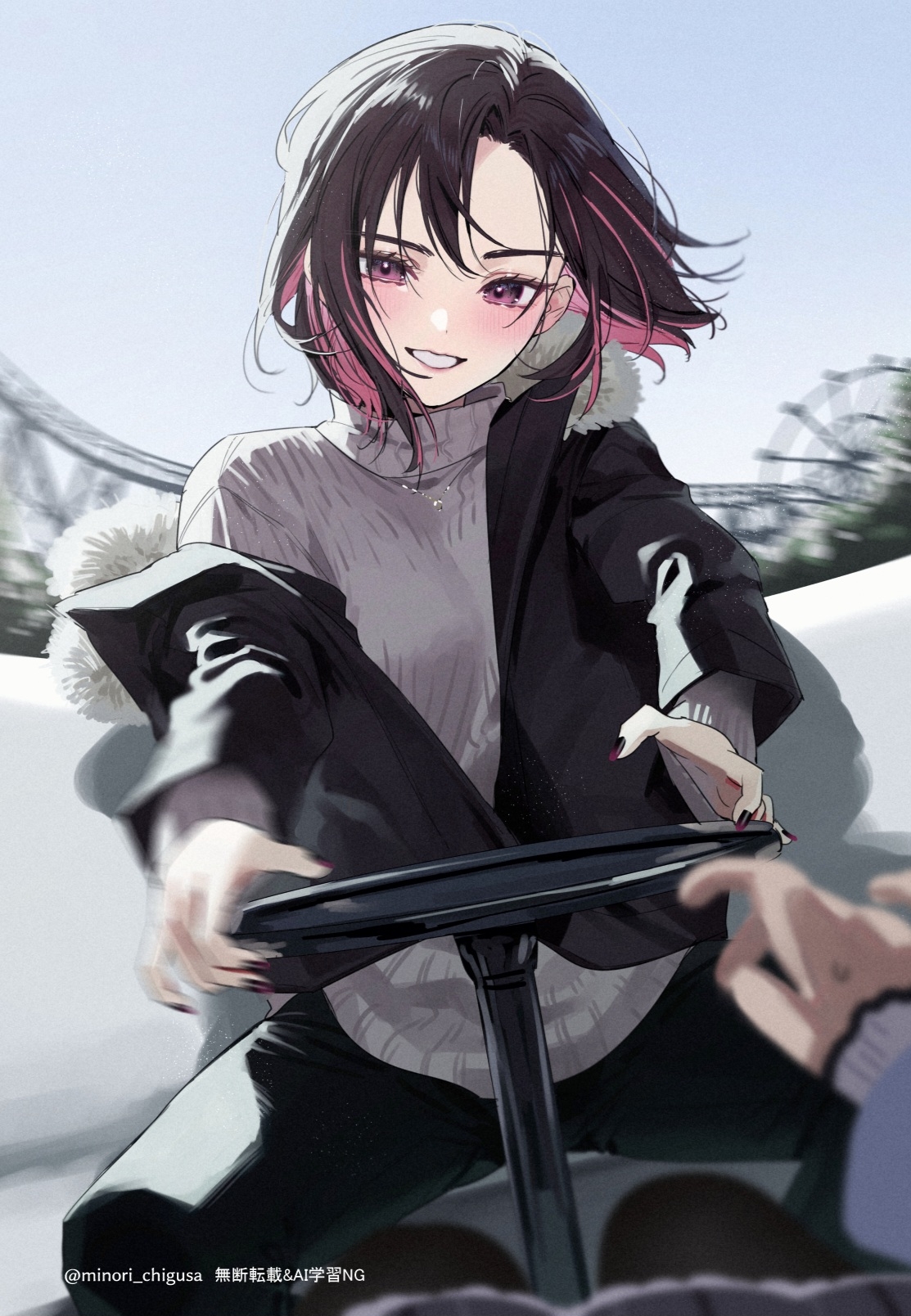 chigusa minori, saotome shino (shino to ren), shirayuki ren, shino to ren, commentary request, highres, 2girls, black jacket, black nails, black pants, blush, colored inner hair, day, female pov, floating hair, grey sweater, jacket, long sleeves, looking at viewer, multicolored hair, multiple girls, navel, open mouth, outdoors, pants, pink hair, pov, pov hands, purple nails, short hair, single off shoulder, spinning teacup, sweatdrop, sweater