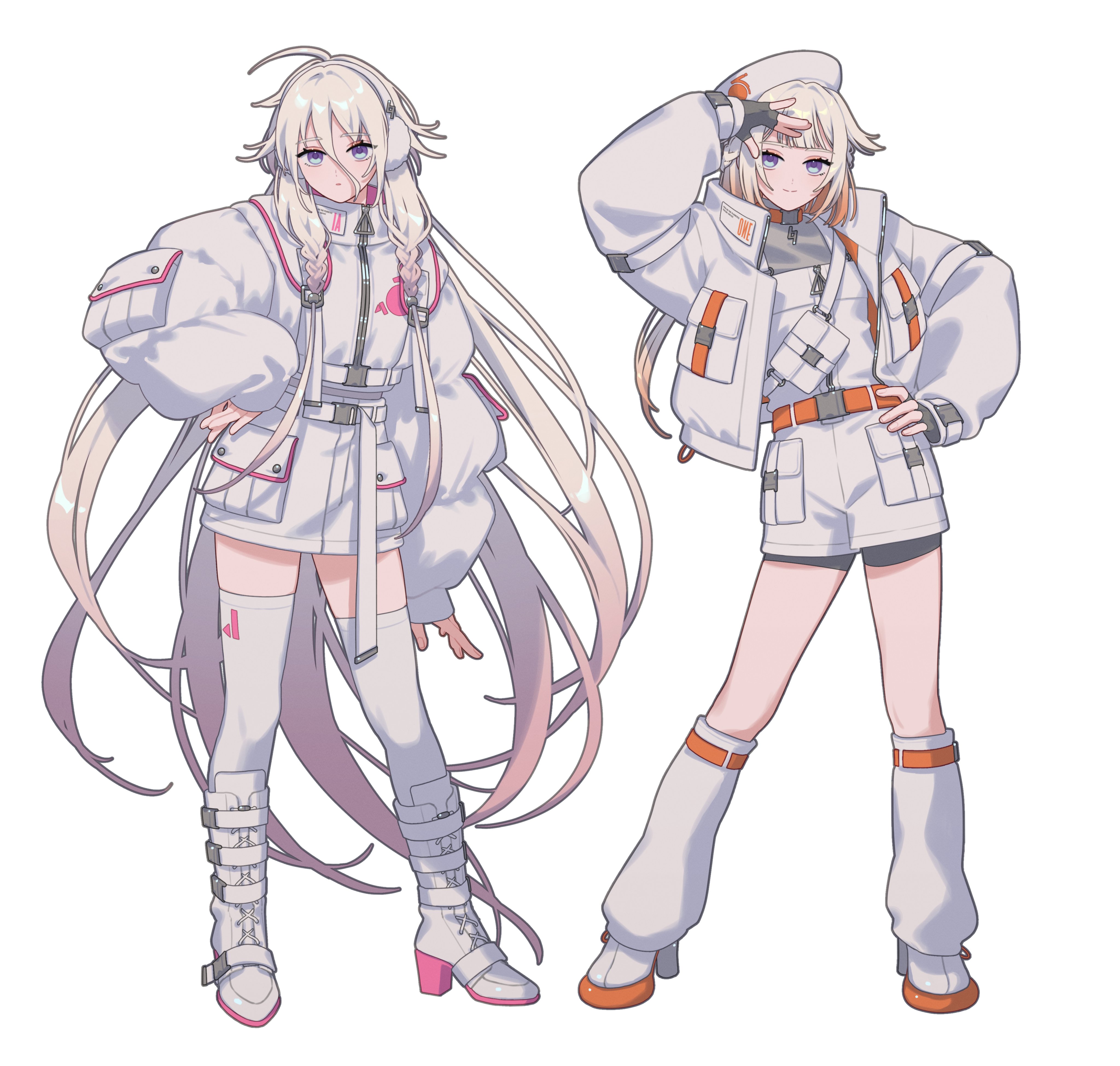 lemontea, absurdres, character request, commentary request, copyright request, highres, 2girls, ahoge, beret, blonde hair, boots, braid, fingerless gloves, gloves, hat, high heel boots, high heels, multiple girls, purple eyes, shorts, socks, thighhighs, twin braids, white background, white hair, white socks, white thighhighs