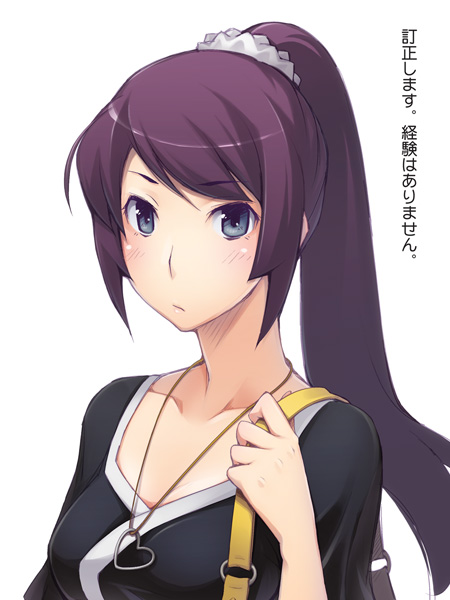 toruneko, senjougahara hitagi, bakemonogatari, monogatari (series), translated, 00s, 1girl, blue eyes, female focus, jewelry, long hair, necklace, ponytail, purple hair, solo, white background