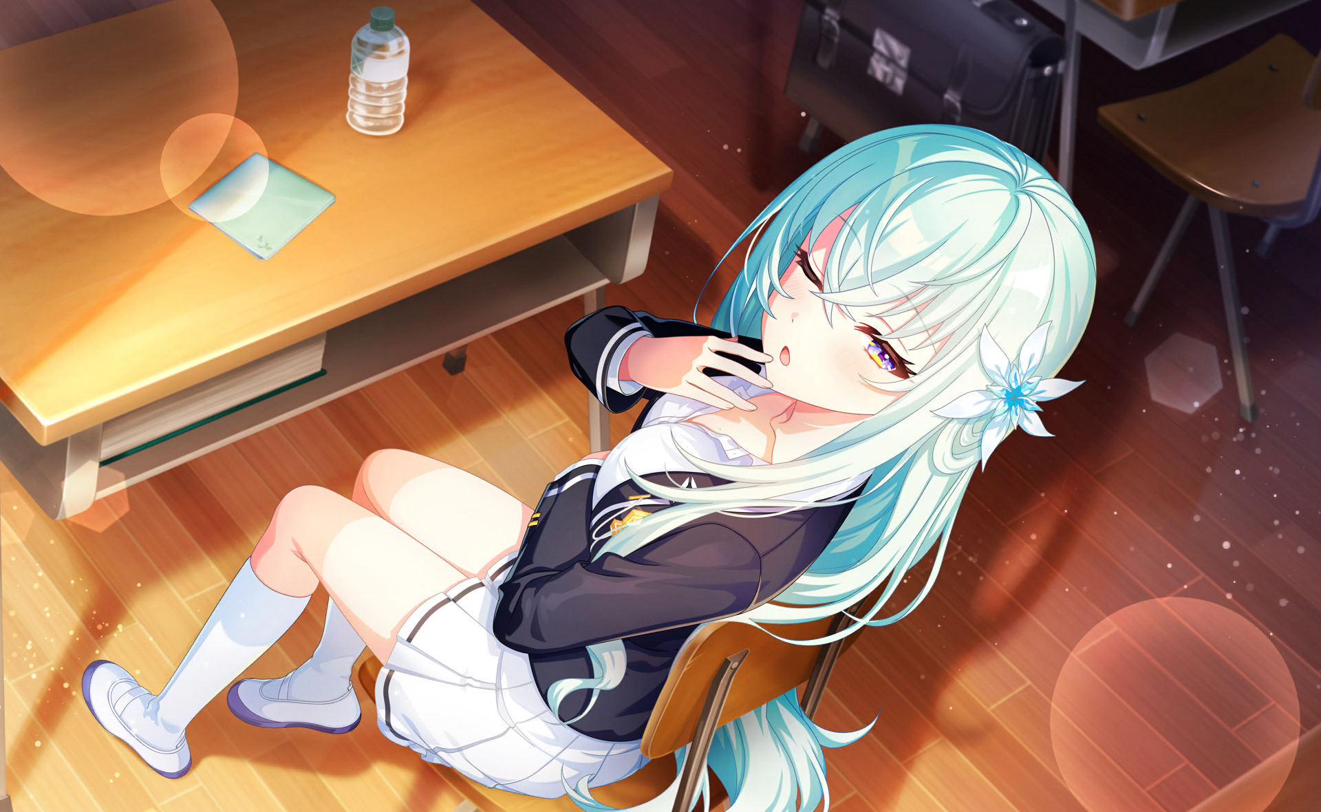 lilja kurtbay, world dai star, commentary request, game cg, highres, official art, third-party source, 1girl, blue hair, blurry, blush, bokeh, bottle, chair, depth of field, desk, flower, from above, hair between eyes, hair flower, hair ornament, indoors, jacket, kneehighs, long hair, long sleeves, looking at viewer, on desk, one eye closed, open mouth, pleated skirt, school desk, school uniform, shoes, sitting, skirt, socks, solo, table, very long hair, water bottle, white skirt, wooden floor