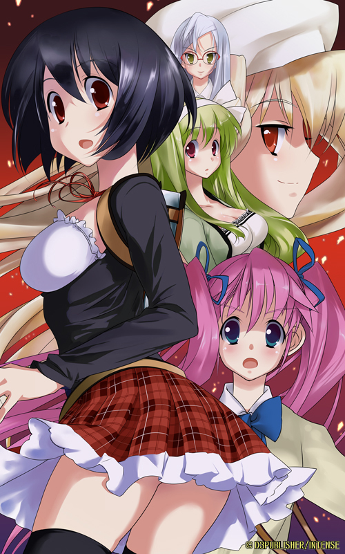 mahan (clock hearts), misshitsu no sacrifice, silver hair, character request, source request, 5girls, black hair, blonde hair, glasses, green eyes, green hair, hair ribbon, multiple girls, pink hair, plaid clothes, plaid skirt, red eyes, ribbon, short hair, skirt, thighhighs, twintails