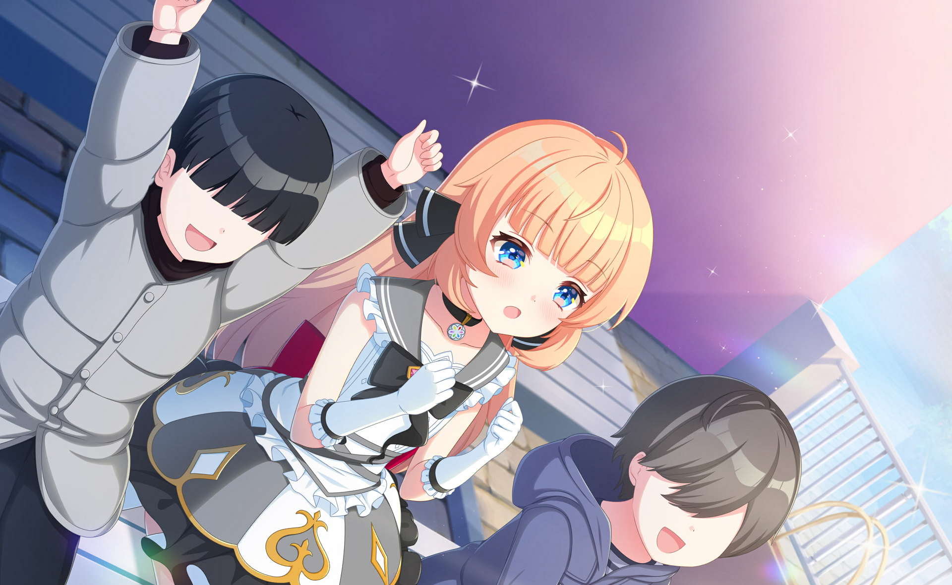 motosu towa, world dai star, commentary request, game cg, highres, official art, third-party source, 1boy, 1girl, 2boys, :d, ahoge, apron, black choker, black hair, blonde hair, blue eyes, blush, building, choker, faceless, faceless female, faceless male, frills, gloves, hair over eyes, hood, jacket, long hair, multiple boys, open mouth, outdoors, skirt, smile, sparkle