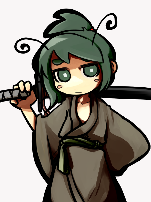 ugif, wriggle nightbug, touhou, 1girl, antennae, female focus, green eyes, green hair, japanese clothes, matching hair/eyes, short hair, simple background, solo, sword, weapon, white background