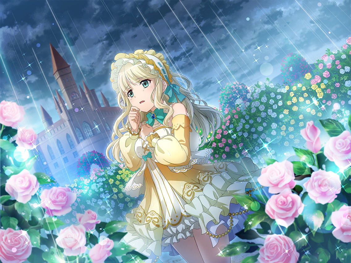 yumeoji shiori, shoujo kageki revue starlight, shoujo kageki revue starlight -re live-, game cg, official art, 1girl, aqua bow, aqua eyes, beauty (fairy tale character), beauty (fairy tale character) (cosplay), beauty and the beast (fairy tale), bow, castle, cosplay, crying, crying with eyes open, detached sleeves, dress, field, flower, flower field, furrowed brow, long hair, parted lips, pink flower, pink rose, rain, rose, solo, standing, tears, upper body, wavy hair, yellow dress, yellow sleeves