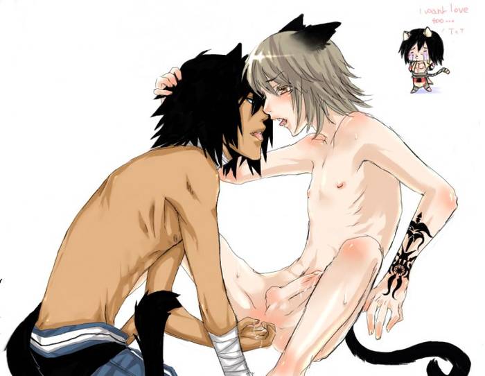 asato (lamento), konoe (lamento), lamento, 2boys, anal, animal ears, blush, cat boy, cat ears, cat tail, cum, fangs, fingering, licking, male focus, male penetrated, multiple boys, nude, penis, pout, sad, spread legs, tail, tattoo, tears, yaoi