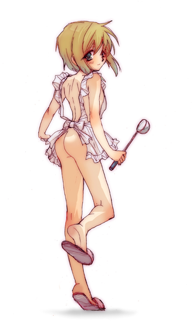 pico (boku no pico), boku no pico, 00s, 1boy, apron, ass, blonde hair, blush, bottomless, crossdressing, crossdressing (mtf), looking back, male focus, naked apron, shota, smile, solo, trap