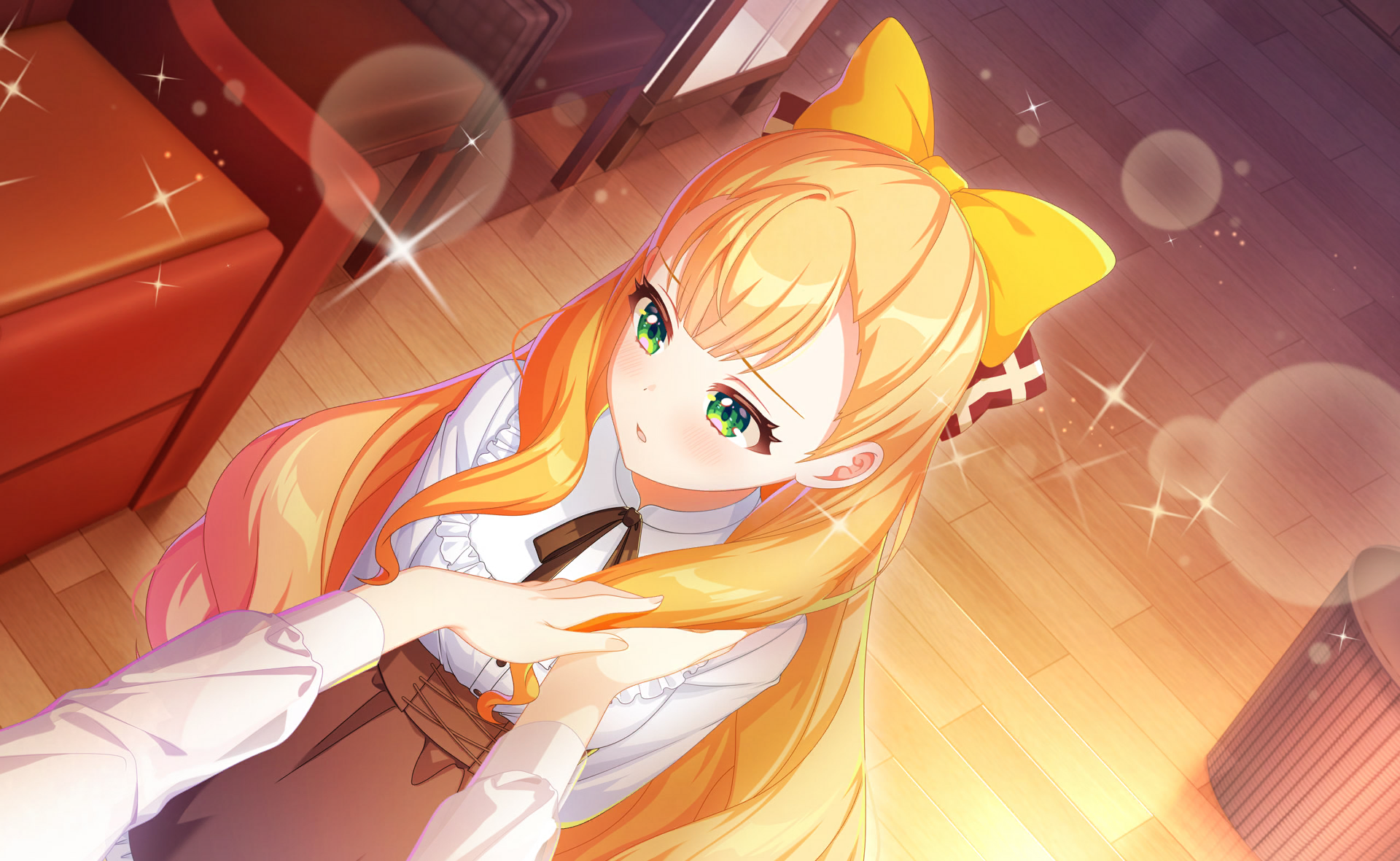 kathrina griebel, world dai star, commentary request, game cg, highres, official art, third-party source, + +, 1girl, blonde hair, blush, bow, diffraction spikes, glint, green eyes, hair bow, indoors, lens flare, long hair, long sleeves, shirt, skirt, solo, sparkle, sparkle background, sparkling eyes, very long hair, white shirt, wooden floor