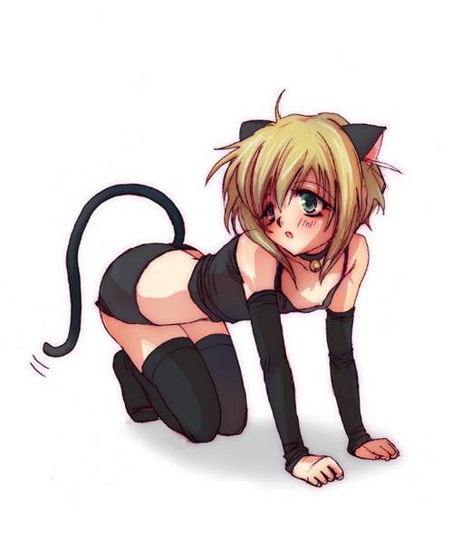 pico (boku no pico), boku no pico, 00s, 1boy, animal ears, bell, blonde hair, blush, cat boy, cat ears, cat tail, collar, crossdressing, crossdressing (mtf), gloves, male focus, shorts, shota, solo, tail, trap
