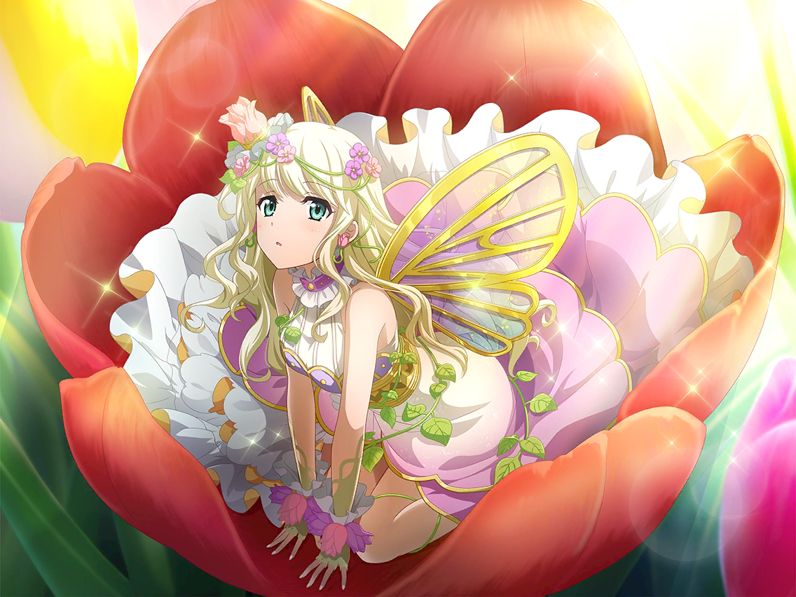 thumbelina (andersen), yumeoji shiori, andersen's fairy tales, shoujo kageki revue starlight, shoujo kageki revue starlight -re live-, game cg, official art, 1girl, aqua eyes, blonde hair, butterfly wings, cosplay, dress, earrings, fake wings, flower, flower earrings, head wreath, insect wings, jewelry, long hair, looking at viewer, mini person, on flower, parted lips, sleeveless, sleeveless dress, solo, thumbelina (andersen) (cosplay), wavy hair, white dress, wings