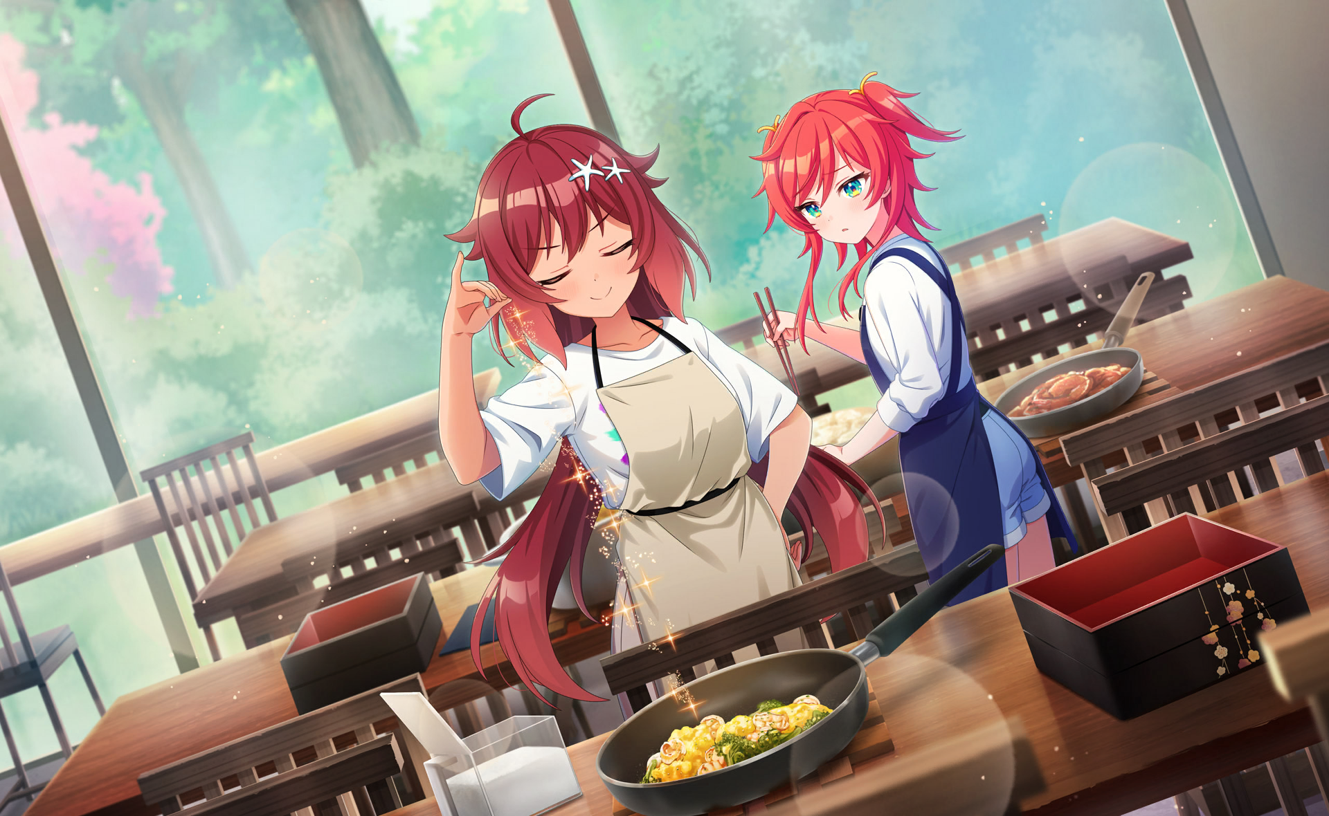 wang xue, yonaguni hikari, world dai star, commentary request, game cg, highres, official art, third-party source, 1boy, 1girl, ahoge, apron, bento, blue sky, blush, closed eyes, closed mouth, cooking, day, dutch angle, food, green eyes, hair between eyes, hair ornament, holding, indoors, ladle, long hair, red hair, school uniform, skirt, sky, sleeves rolled up, smile, standing, tree, window