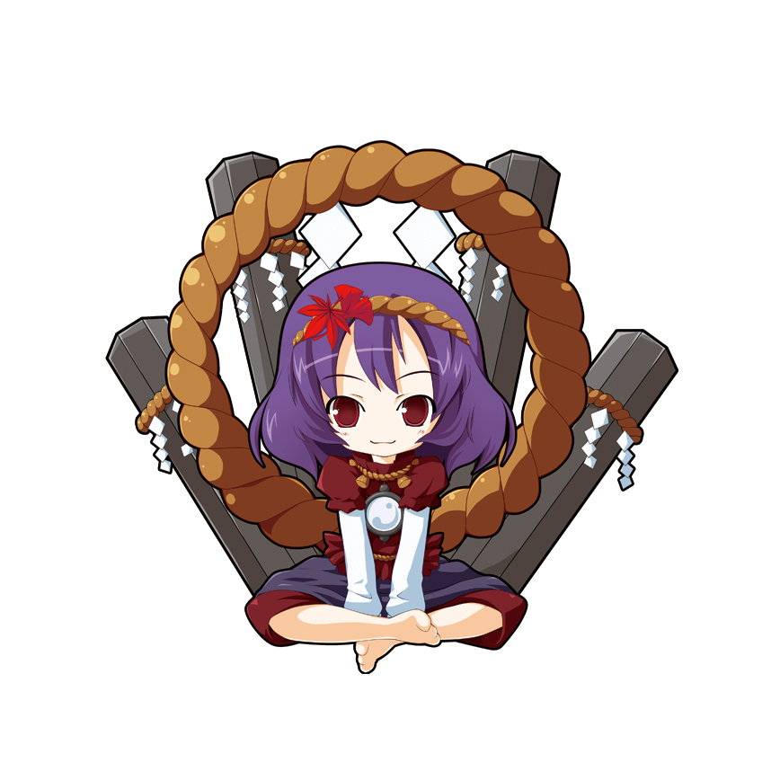 altivr, kanzaki sora, yasaka kanako, touhou, bad id, bad pixiv id, 1girl, :3, barefoot, chibi, female focus, full body, hair ornament, hairband, indian style, leaf, leaf hair ornament, looking at viewer, purple hair, red eyes, rope, short hair, simple background, sitting, smile, solo