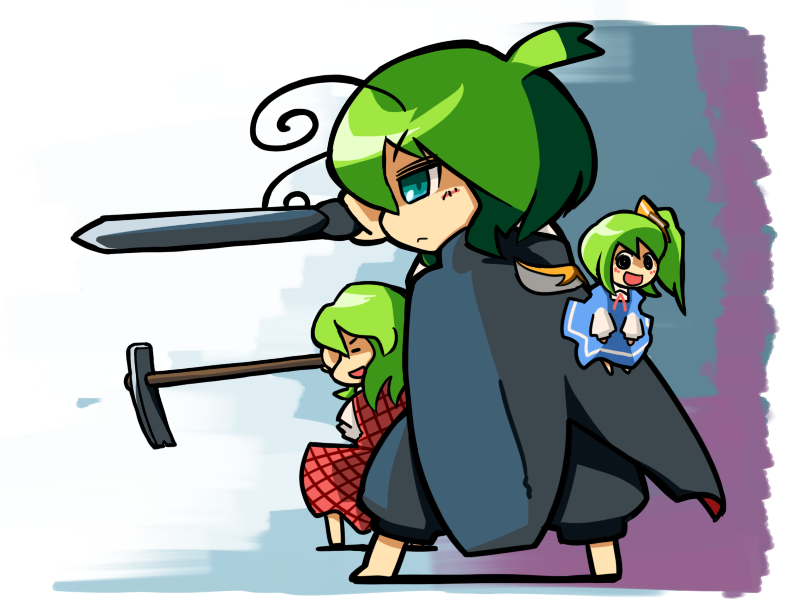 ugif, daiyousei, kazami yuuka, wriggle nightbug, touhou, 3girls, :d, antennae, cape, color connection, fairy wings, female focus, frown, green eyes, green hair, hoe, mini person, minigirl, multiple girls, open mouth, plaid clothes, plaid skirt, plaid vest, shaded face, short hair, side ponytail, sideways mouth, skirt, skirt set, smile, sword, vest, weapon, wings, worktool