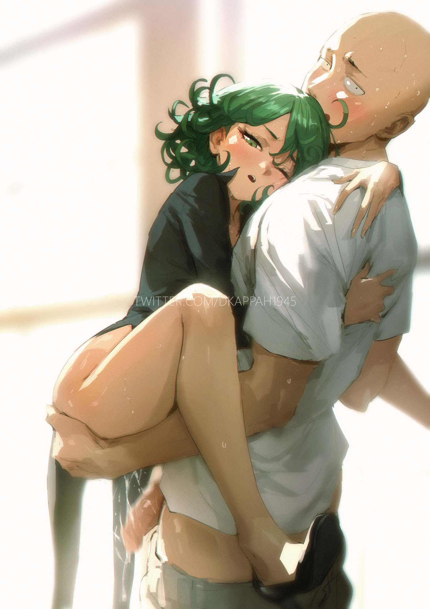 spykeee, saitama (one-punch man), tatsumaki, one-punch man, commentary, english commentary, highres, 1boy, 1girl, ;o, aftersex, bald, black dress, carrying, clothed sex, cum, cum string, dress, feet, flaccid, green eyes, green hair, grey hair, hetero, large penis, one eye closed, penis, shirt, short hair, suspended congress, thighs, white shirt