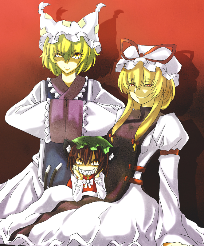 hosoi kouzou, chen, yakumo ran, yakumo yukari, touhou, bad id, bad pixiv id, 3girls, animal ears, blonde hair, bow, bowtie, brown hair, cat ears, cat girl, cat tail, evil grin, evil smile, female focus, fox ears, glowing, glowing eyes, grin, hair bow, hat, long hair, multiple girls, multiple tails, red eyes, ribbon, sharp teeth, short hair, slit pupils, smile, smirk, tail, teeth, troll face, yellow eyes, you gonna get raped