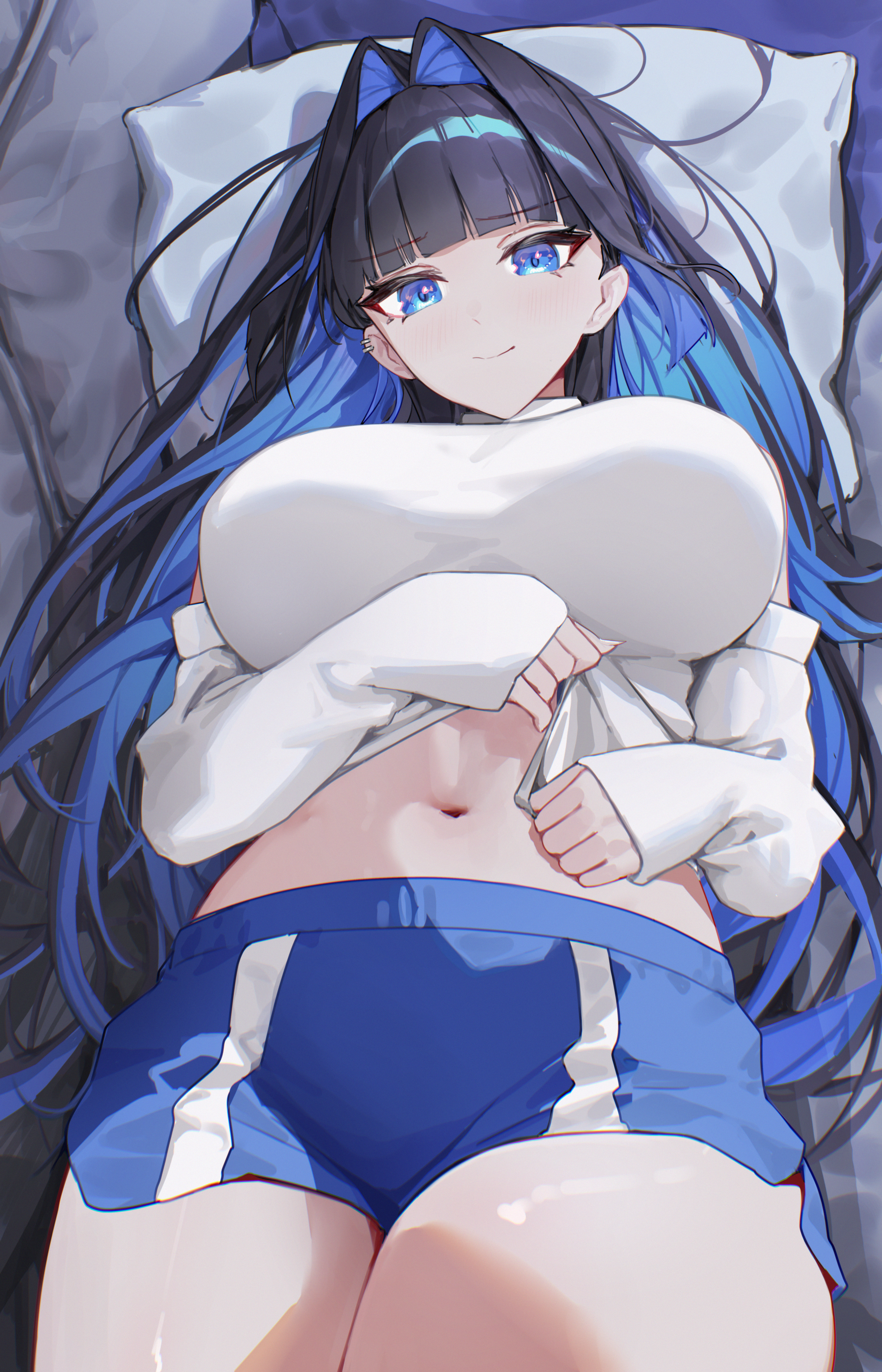 yoellim5, ouro kronii, ouro kronii (casual), hololive, hololive english, absurdres, commentary, english commentary, highres, 1girl, black hair, blue eyes, blue hair, blue shorts, blunt bangs, blunt ends, breasts, closed mouth, clothes lift, colored inner hair, detached sleeves, earrings, hair intakes, hime cut, jewelry, large breasts, long hair, long sleeves, looking at viewer, lying, midriff, multicolored hair, navel, official alternate costume, on back, shirt, shirt lift, short shorts, shorts, sleeveless, sleeveless turtleneck, sleeves past wrists, smile, solo, turtleneck, virtual youtuber, white shirt