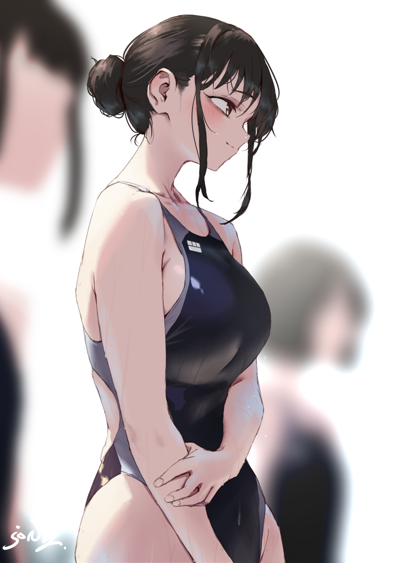 jonsun, aya (jonsun), original, commentary request, 3girls, artist name, black hair, black one-piece swimsuit, blurry, blurry background, breasts, competition swimsuit, depth of field, hair bun, large breasts, multiple girls, one-piece swimsuit, sidelocks, signature, single hair bun, solo focus, swimsuit, white background