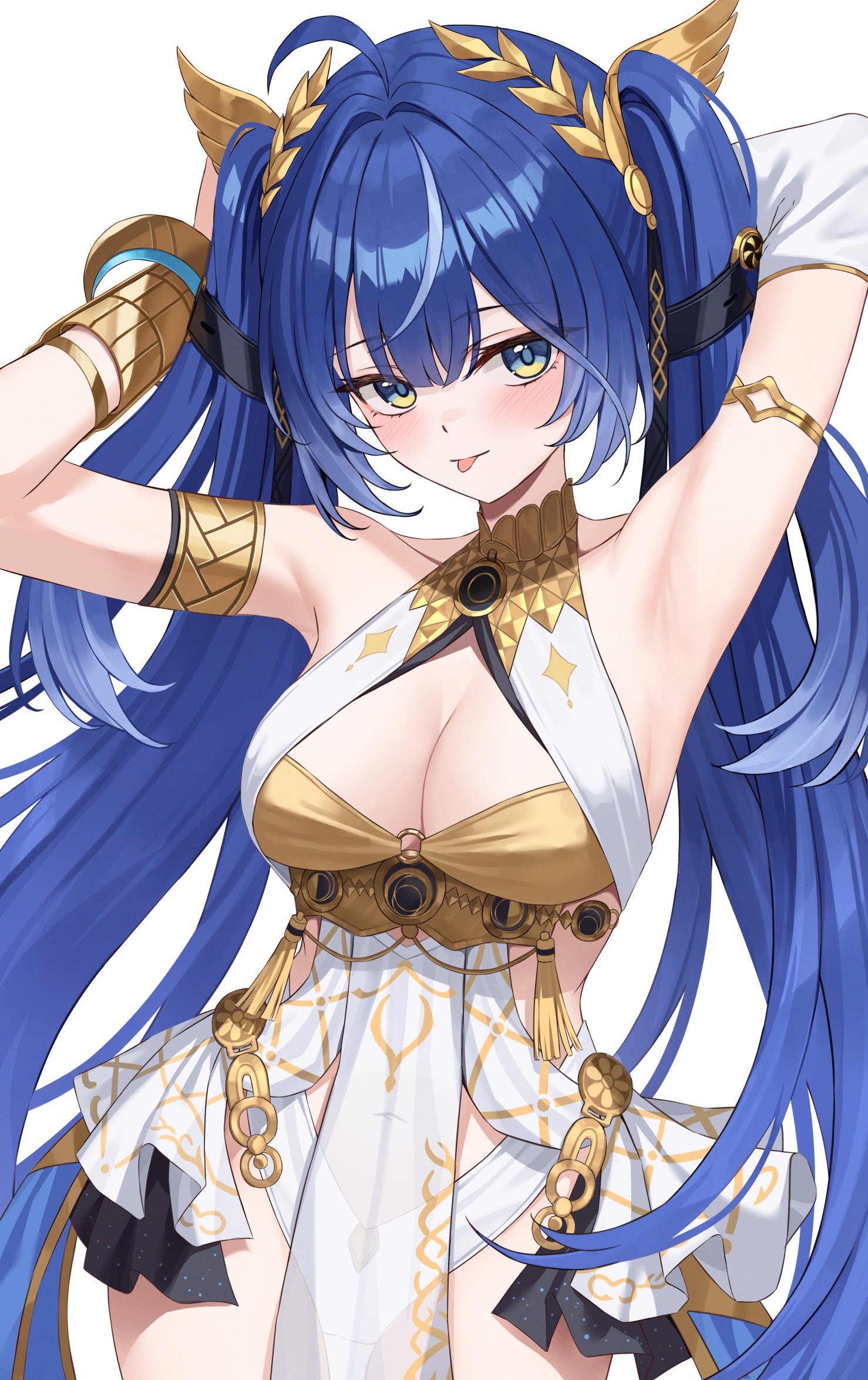 kurone (kurone ryuo), iuno (wuthering waves), wuthering waves, highres, 1girl, :p, ahoge, ancient greek clothes, armlet, armpits, arms up, bare shoulders, black skirt, blue eyes, blue hair, blush, breasts, cleavage, cowboy shot, gold bra, greco-roman clothes, jewelry, laurel crown, long hair, looking at viewer, medium breasts, miniskirt, multicolored hair, navel, presenting armpit, showgirl skirt, simple background, skirt, solo, streaked hair, thighs, tongue, tongue out, twintails, vambraces, very long hair, white background