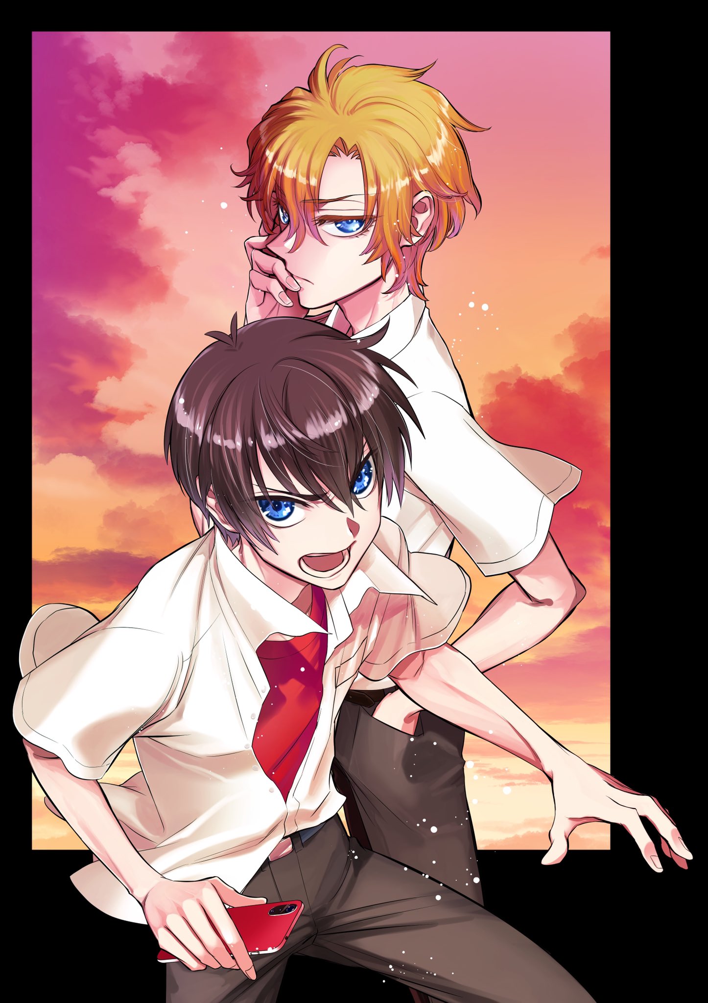 natsumi kei, higurashi no naku koro ni, higurashi no naku koro ni rei, commentary request, highres, official art, textless version, 2boys, blue eyes, brown hair, brown pants, cover, cover page, hand in pocket, holding, holding phone, looking at viewer, maebara keitarou, male focus, manga cover, multiple boys, orange hair, outdoors, pants, phone, red shirt, ryuuguu kihiro, school uniform, shirt, sunset