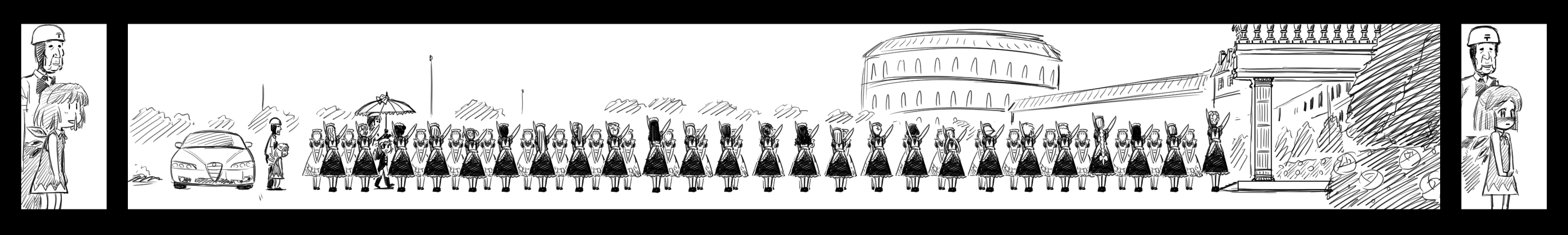 gensoukoumuten, cirno, fairy maid (touhou), flandre scarlet, hong meiling, alfa romeo, embodiment of scarlet devil, touhou, absurdres, highres, long image, wide image, 1boy, 6+girls, blush, bow, braid, car, fairy, greyscale, hair bow, long hair, maid, monochrome, motor vehicle, multiple girls, parasol, scarlet devil mansion, short hair, snot, too many, umbrella, wings, | |