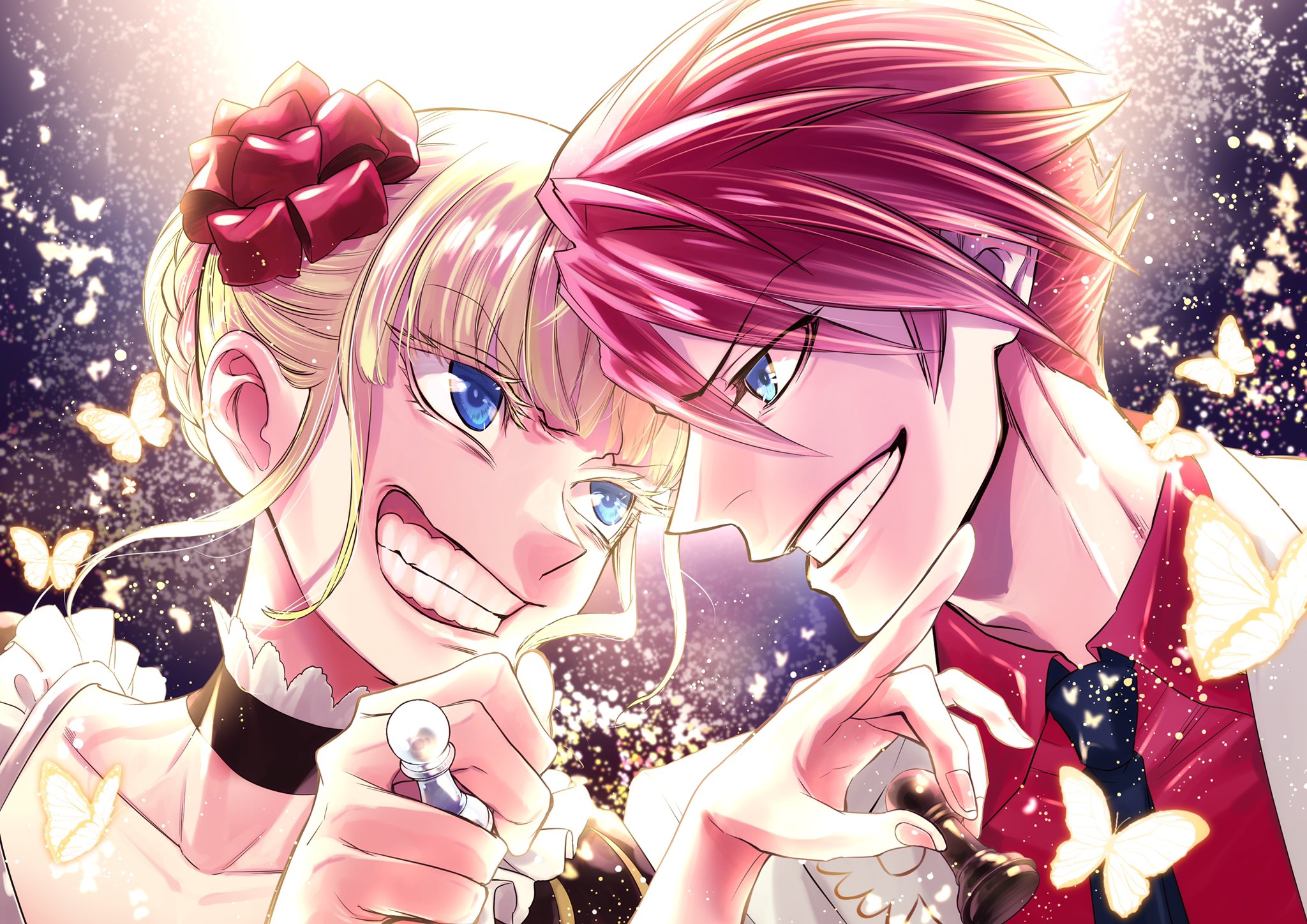natsumi kei, beatrice (umineko), ushiromiya battler, umineko no naku koro ni, character request, commentary request, highres, 1boy, 1girl, blonde hair, blue eyes, braid, bug, butterfly, chess piece, evil smile, flower, insect, red flower, red hair, red rose, rose, smile, teeth