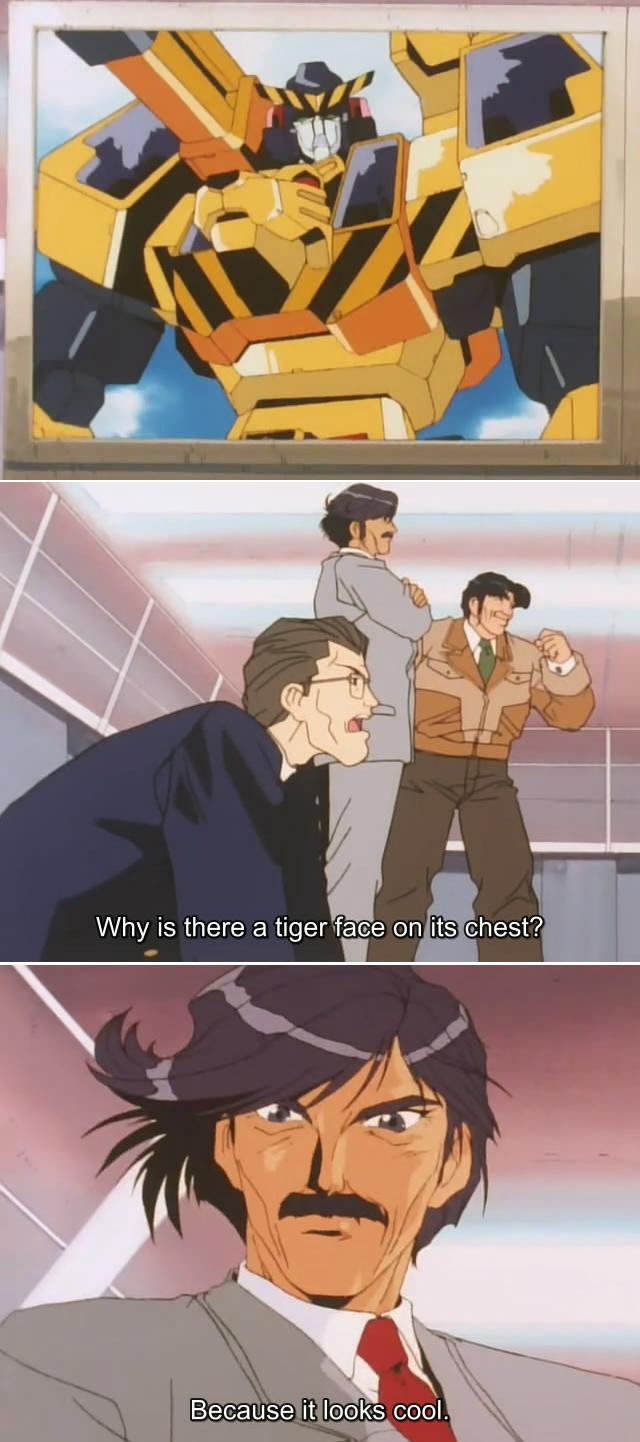 azuma kazuto, build tiger, saejima juuzou, saejima jyuuzou, toudou shunsuke, toudou syunsuke, yuusha keisatsu j-decker, yuusha series, screencap, anime screenshot, highres, 1990s (style), 3boys, black eyes, black hair, clenched hand, crossed arms, facial hair, formal clothes, glasses, male focus, mecha, multiple boys, mustache, necktie, profile, retro artstyle, robot, subtitled, suit, tiger, truth