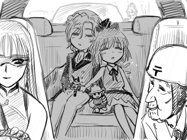 gensoukoumuten, cirno, flandre scarlet, guncannon, hong meiling, moriya suwako, touhou, 1boy, 3girls, bow, braid, character doll, china dress, chinese clothes, doll, dress, greyscale, hair bow, hat, long hair, monochrome, multiple girls, short hair, sleeping, sunglasses, twin braids, wings