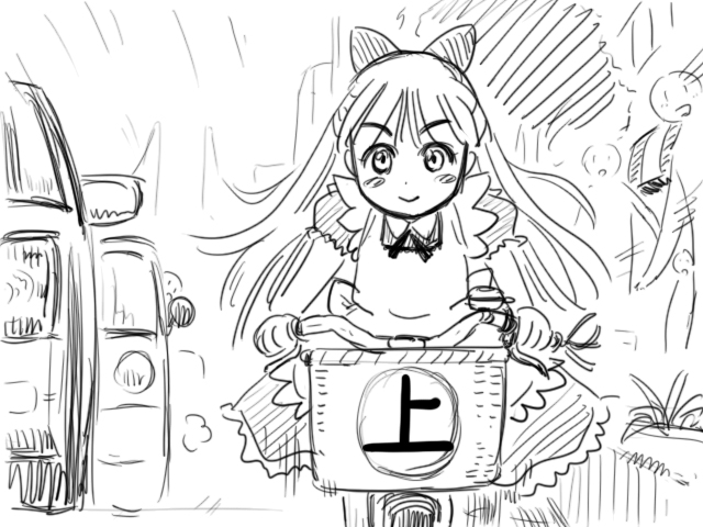 gensoukoumuten, shanghai doll, touhou, translated, 1girl, :>, apron, bicycle, blush stickers, bow, car, dress, female focus, frilled dress, frills, greyscale, hair bow, long hair, looking at viewer, monochrome, motor vehicle, neck ribbon, ribbon, riding, short sleeves, sketch, smile, solo focus