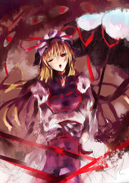 makai no juumin, yakumo yukari, touhou, bad id, bad pixiv id, 1girl, blonde hair, breasts, female focus, hat, mob cap, red eyes, solo, tabard, umbrella
