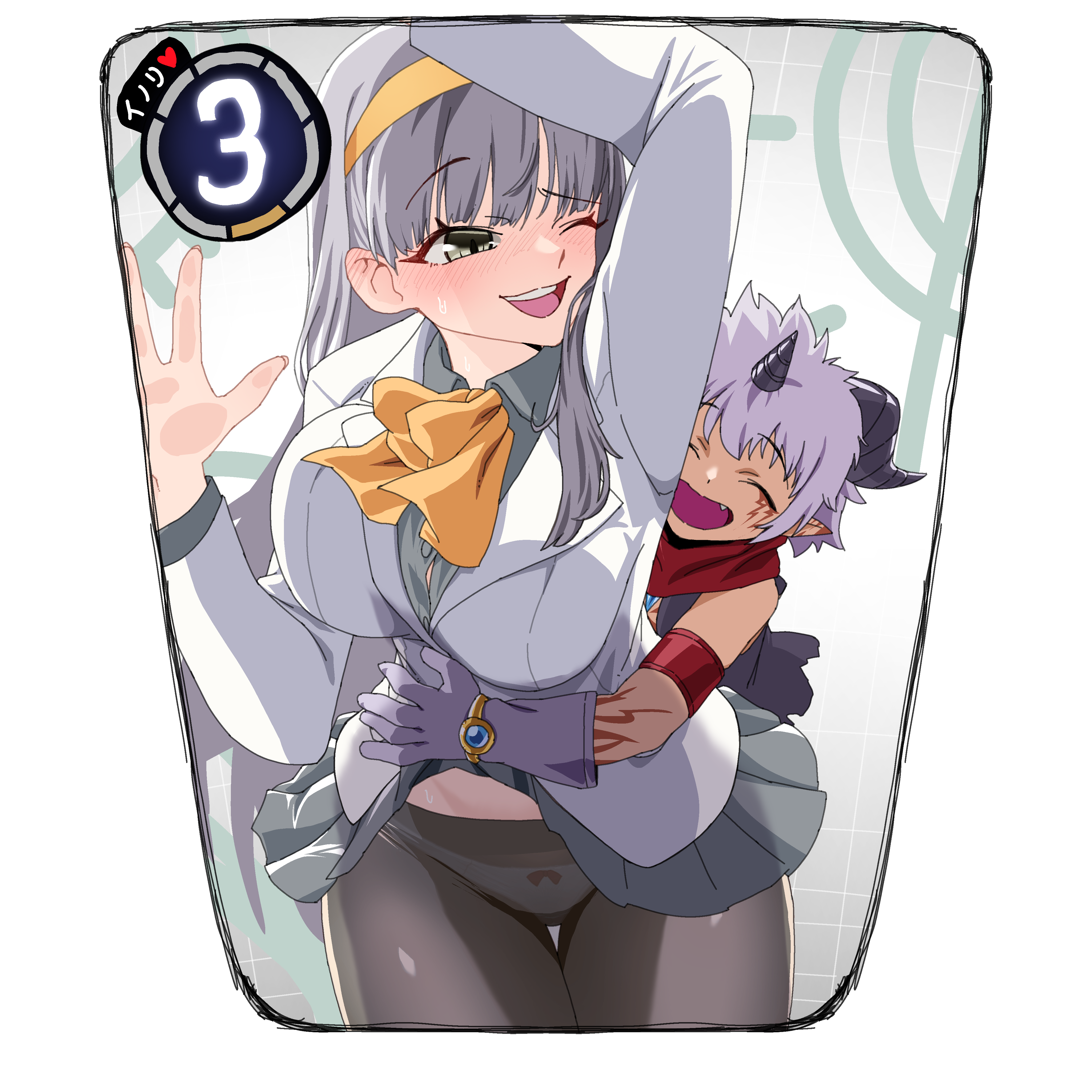 gerusyu, aegiomon, misono inori, digimon, digimon card game, digimon story: time stranger, absurdres, commentary request, highres, 1boy, 1girl, against glass, black pantyhose, black vest, chest jewel, cowboy shot, facial mark, grey hair, grey shirt, horns, hug, hug from behind, jacket, long hair, one eye closed, panties, panties under pantyhose, pantyhose, pointy ears, shirt, short hair, underwear, vest, white jacket, white panties