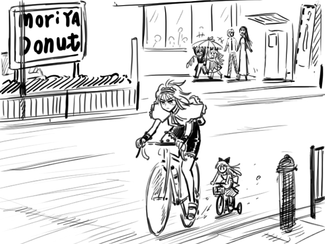 gensoukoumuten, alice margatroid, cirno, flandre scarlet, hong meiling, shanghai doll, touhou, 1boy, 5girls, bicycle, bike shorts, bow, greyscale, hair bow, hat, long hair, matching shanghai, monochrome, multiple girls, short hair, umbrella, wings