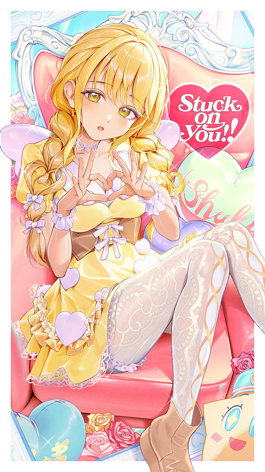 kainown, fujita kotone, gakuen idolmaster, idolmaster, commentary request, highres, 1girl, blonde hair, blush, braid, breasts, brown shoes, chair, choker, collarbone, dress, easy chair, english text, fairy wings, fake wings, flower, heart, heart choker, heart hands, looking at viewer, medium breasts, on chair, open mouth, pantyhose, patterned clothing, pillow, shoes, short dress, short sleeves, sitting, solo, thigh strap, twin braids, white pantyhose, wings, wrist cuffs, yellow dress, yellow eyes