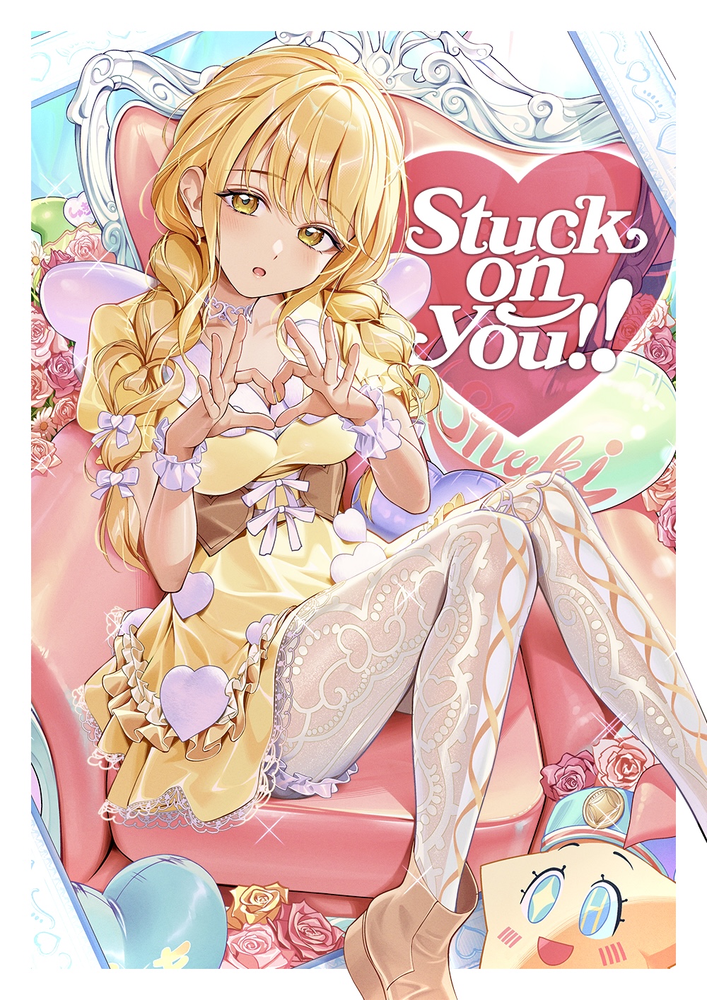 kainown, fujita kotone, gakuen idolmaster, idolmaster, commentary request, highres, revision, 1girl, blonde hair, blush, braid, breasts, brown shoes, chair, choker, collarbone, dress, easy chair, english text, fairy wings, fake wings, flower, heart, heart choker, heart hands, looking at viewer, medium breasts, on chair, open mouth, pantyhose, patterned clothing, pillow, shoes, short dress, short sleeves, sitting, solo, thigh strap, twin braids, white pantyhose, wings, wrist cuffs, yellow dress, yellow eyes