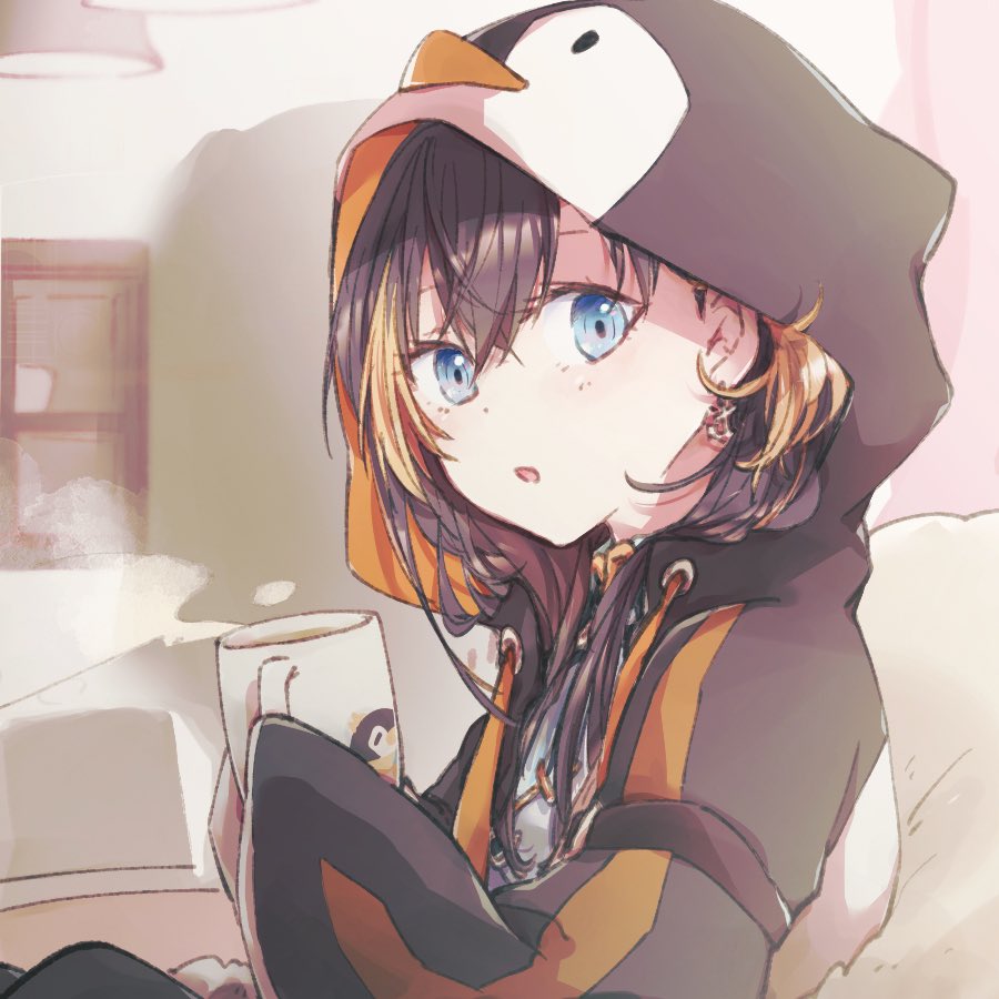 ul ul00, pentomo (petra gurin), petra gurin, petra gurin (1st costume), nijisanji, nijisanji en, commentary, english commentary, 1girl, anchor earrings, animal hood, arm belt, black hair, blonde hair, blue eyes, crossed bangs, cup, earrings, from side, hair between eyes, holding, holding cup, hood, hood up, hooded jacket, jacket, jewelry, long hair, long sleeves, looking at viewer, multicolored hair, official alternate hair length, official alternate hairstyle, parted lips, penguin hood, sleeves past fingers, sleeves past wrists, solo, steaming cup, streaked hair, two-tone hair, upper body, virtual youtuber, warm colored